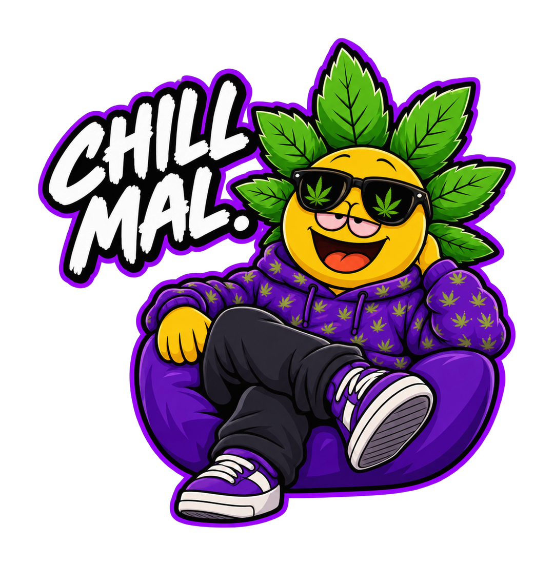 Sticker "Chill mal." mit Happys Charakter im Sitzsack (freigestellt)
