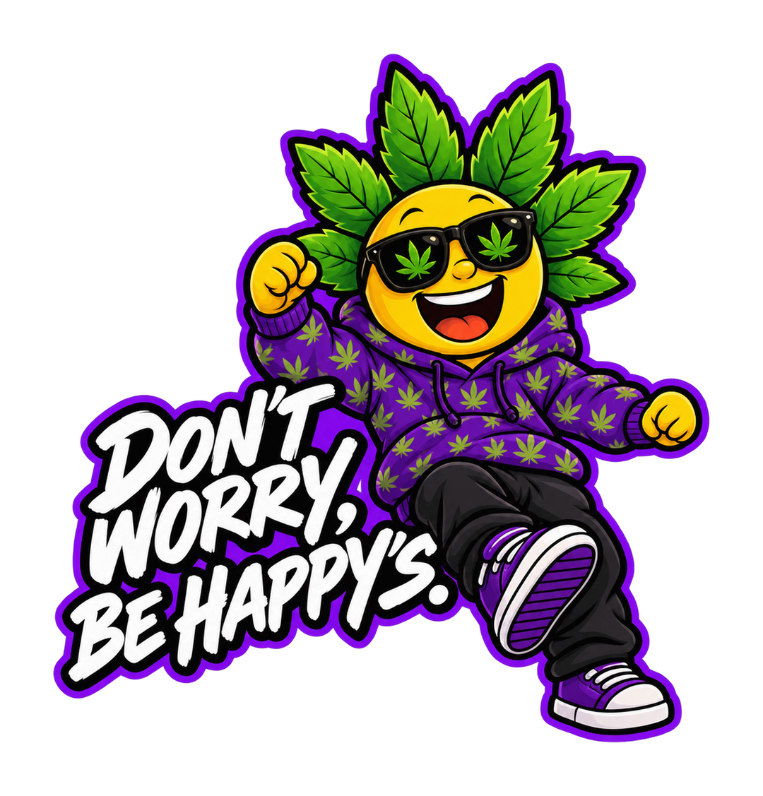 Sticker "Don’t worry, be Happy’s" mit tanzendem Happys Charakter (freigestellt)