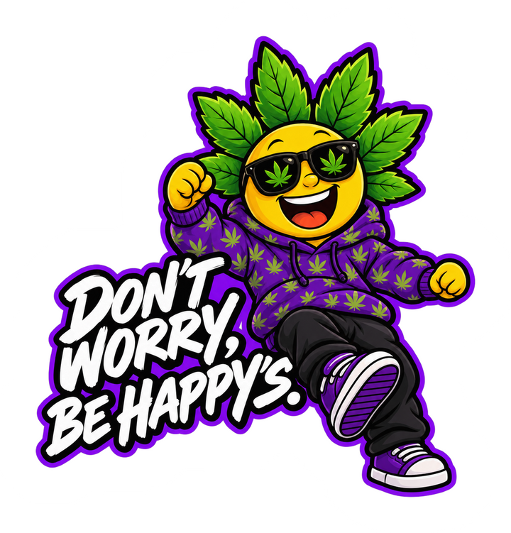 Sticker "Don’t worry, be Happy’s" mit tanzendem Happys Charakter (freigestellt)